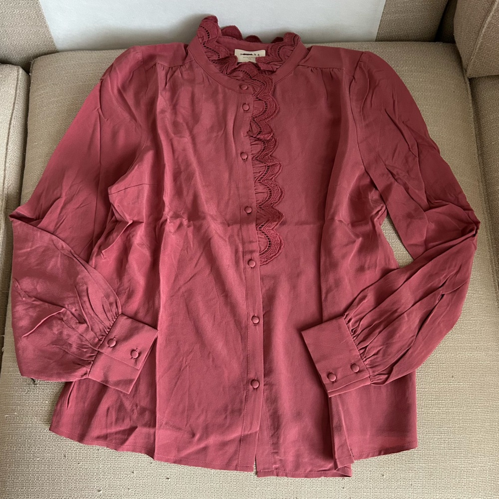 Sezane Chlo Silk Shirt Blouse Rosewood Pink Classic French Top Lace - Picture 7 of 12